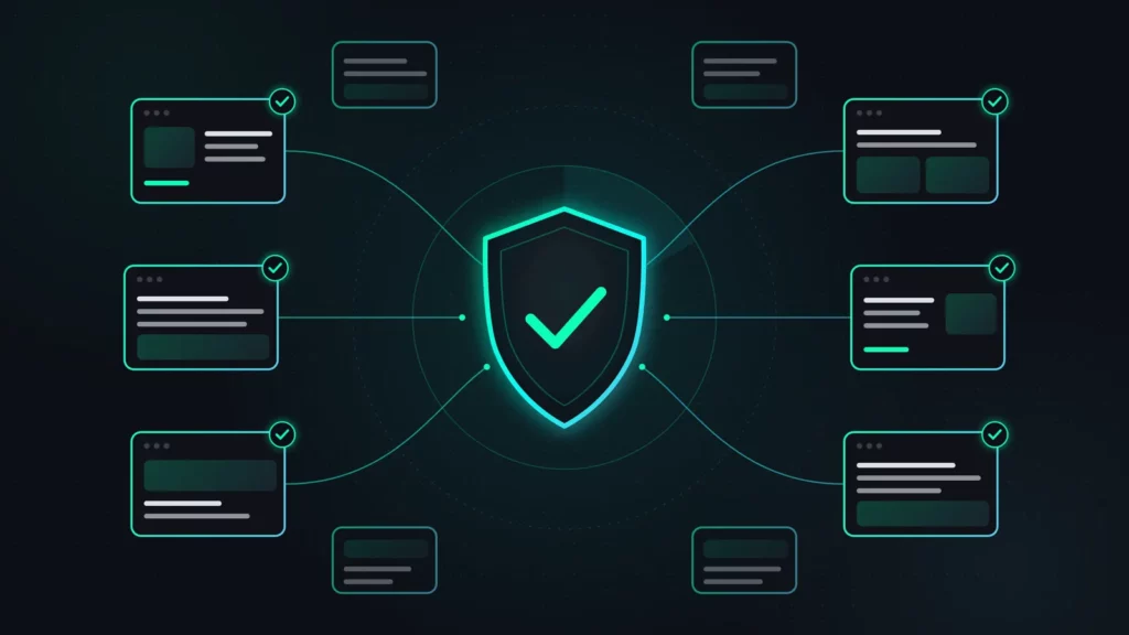 Illustration d'un bouclier de sécurité relié à plusieurs sites web sous surveillance